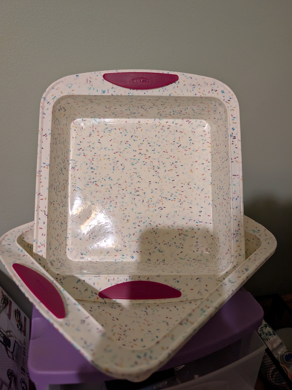Two Trudeau 8x8in Confetti Silicone Cake Pans W Grip Handles Easy Clean Up